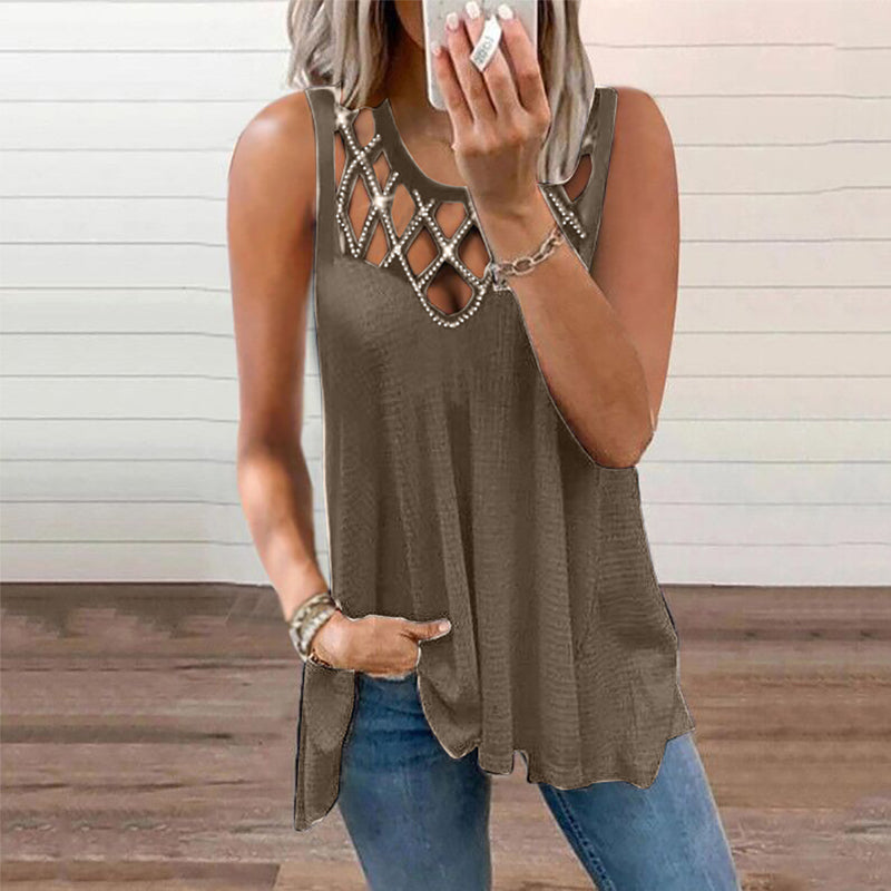 Kvinnors solida färg ärmlös ihålig skjorta