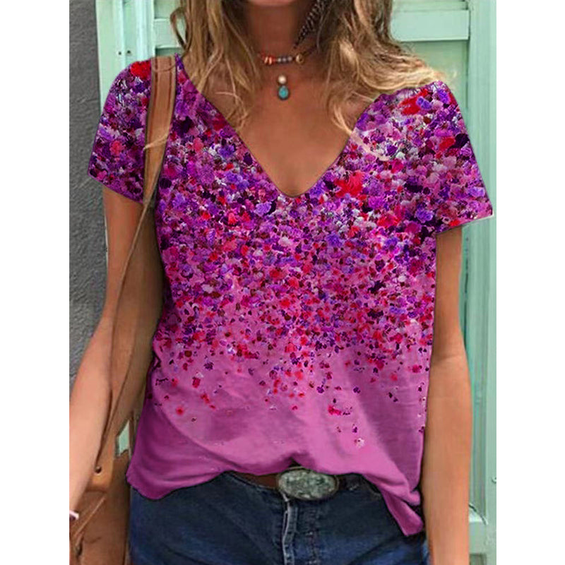 V-ringad kortärmad t-shirt med blommönster