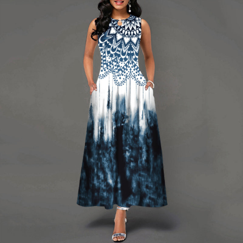 Printed Crew Neck Sleeveless Tank Dress