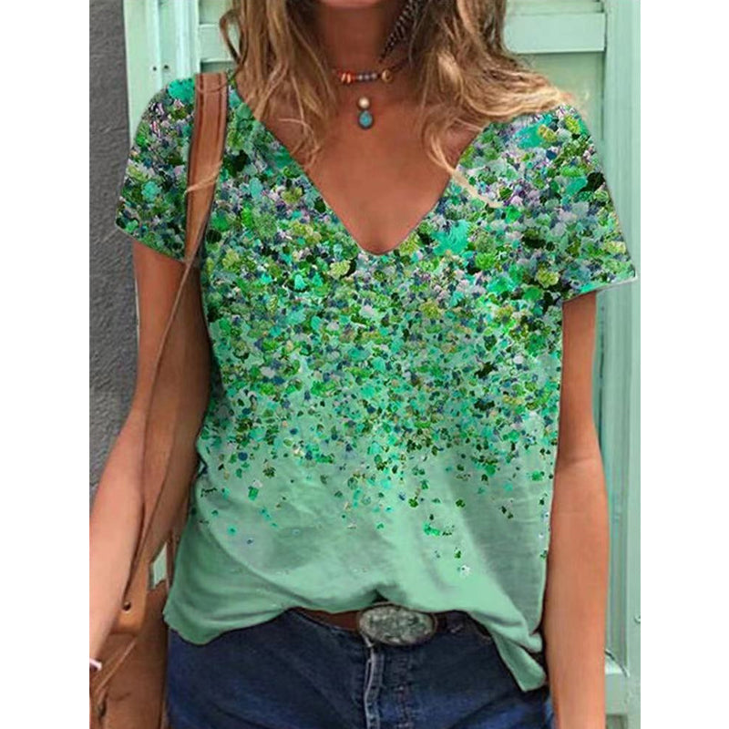 V-ringad kortärmad t-shirt med blommönster