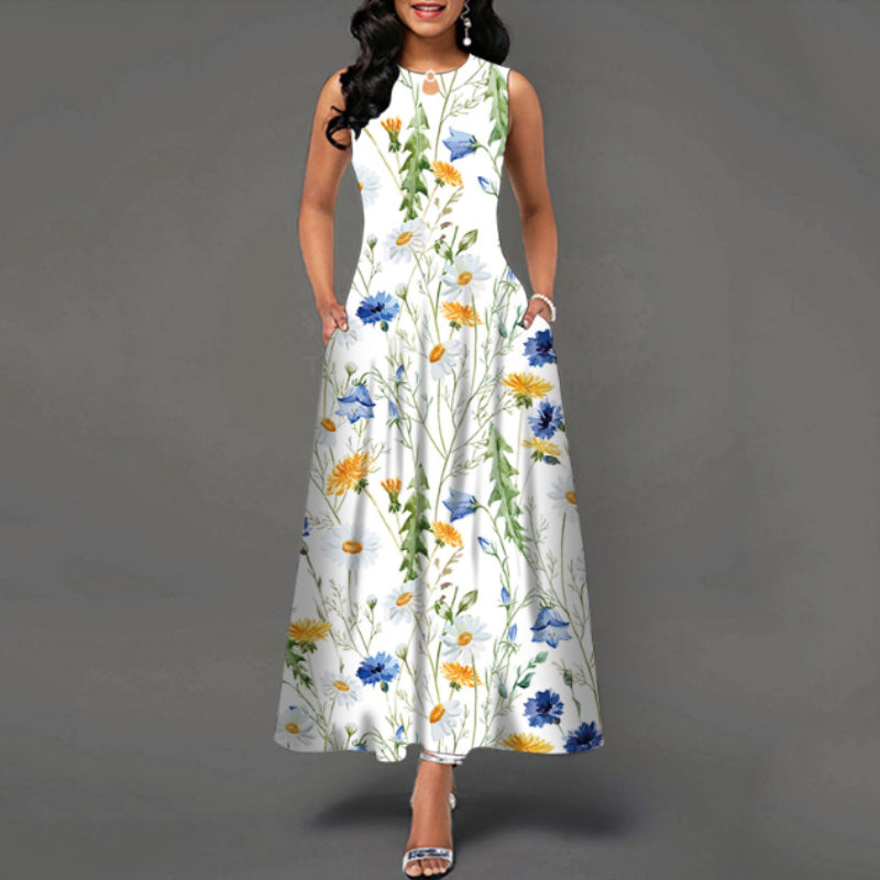 Printed Crew Neck Sleeveless Tank Dress