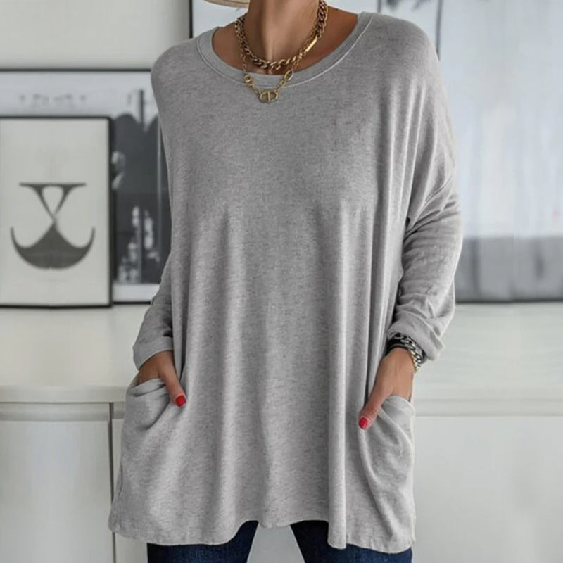 Långärmad enfärgad topp med rund hals