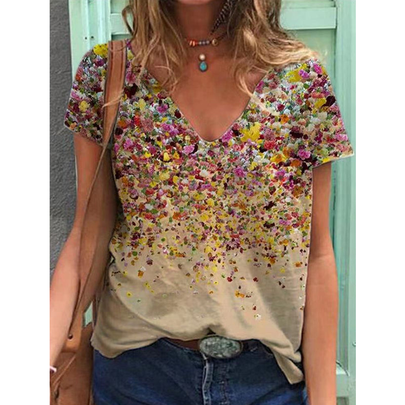 V-ringad kortärmad t-shirt med blommönster