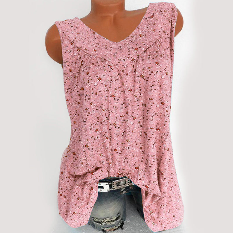 Små blommönster v-ringad ärmlös linne