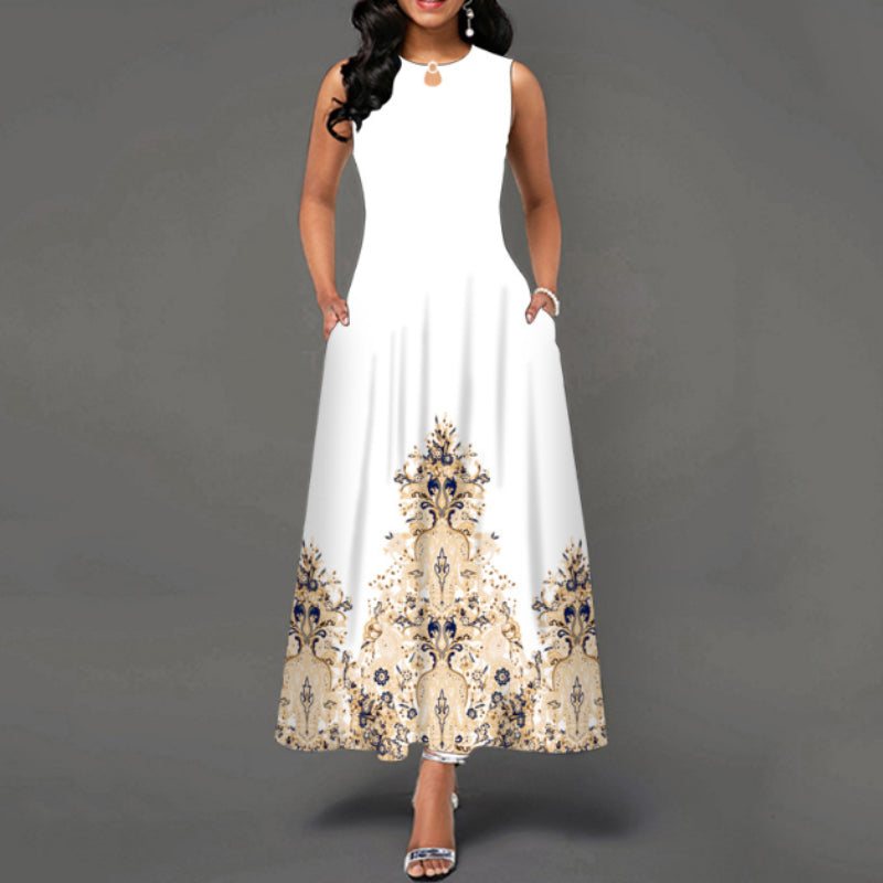 Printed Crew Neck Sleeveless Tank Dress