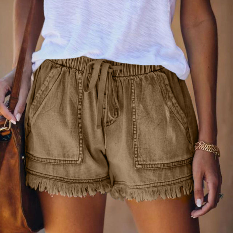 Denimshorts med elastisk hög midja