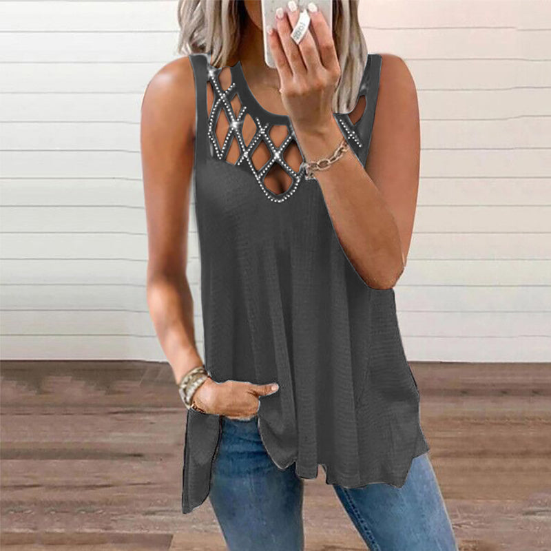 Kvinnors solida färg ärmlös ihålig skjorta