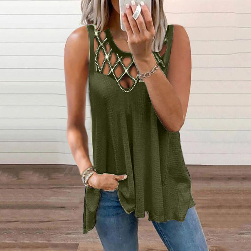 Kvinnors solida färg ärmlös ihålig skjorta