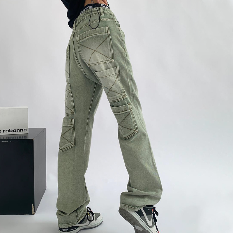 High Waist Pocket Straight Jeans