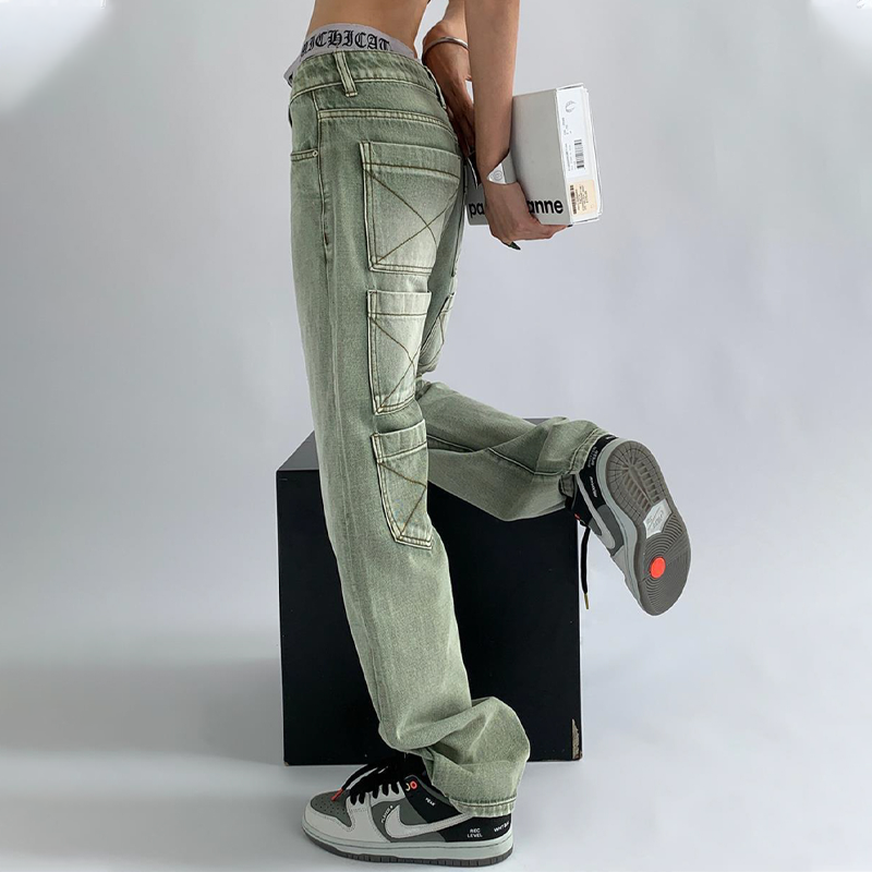 High Waist Pocket Straight Jeans
