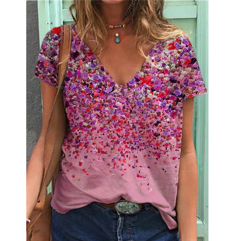 V-ringad kortärmad t-shirt med blommönster