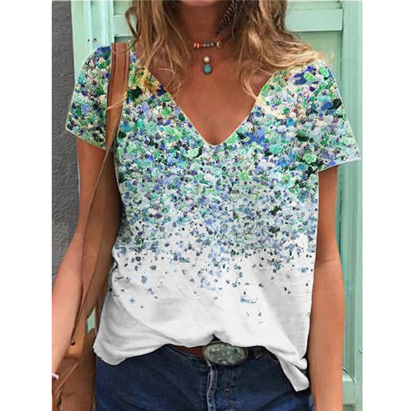 V-ringad kortärmad t-shirt med blommönster