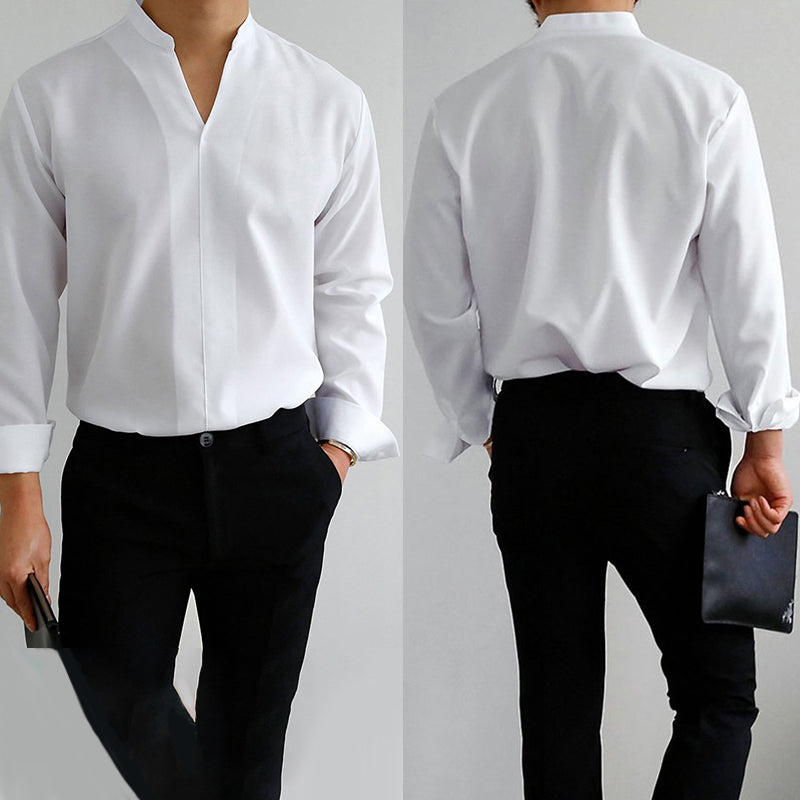 V-ringad enfärgad långärmad skjorta