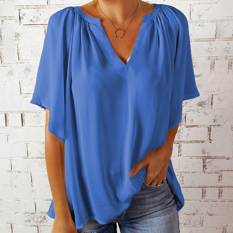 V-ringad halvärm enfärgad blus