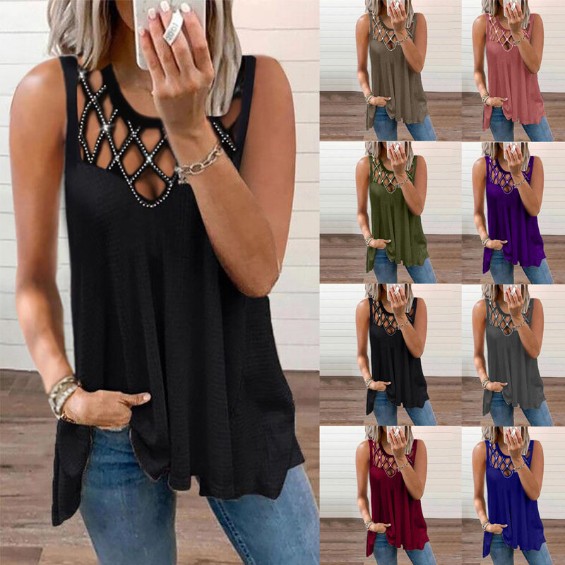 Kvinnors solida färg ärmlös ihålig skjorta